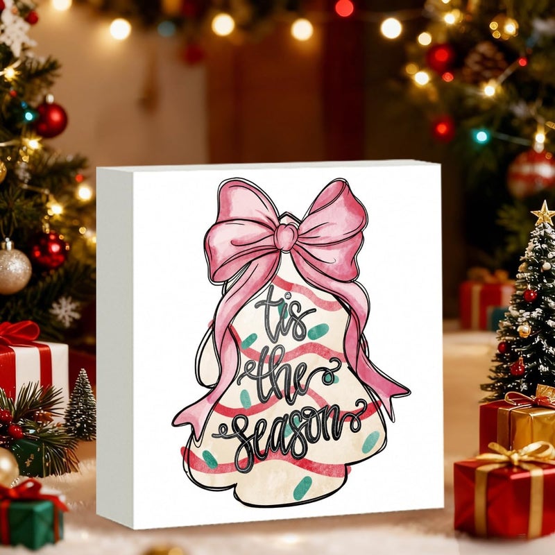 FXEFXE Pink Christmas Decor, Christmas Decorations Indoor, Coquette Bow Xmas Tree Cakes Sign Gift for Women Friends, Rustic Farmhouse Wooden Box Sign for Home Office Bedroom Desk Decor 5x5 Inches - Image 3